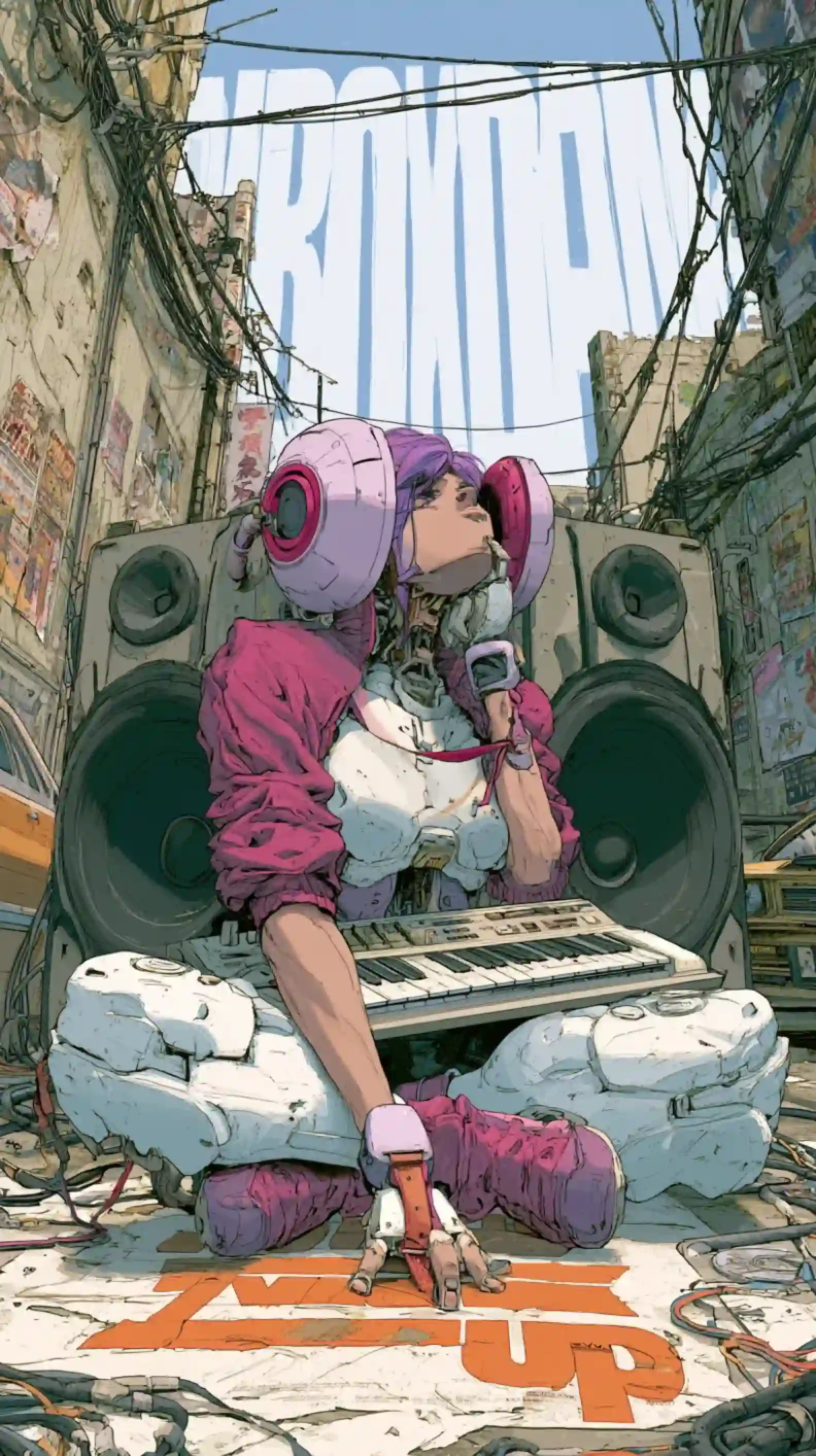 紫发机械赛博 DJ 插画