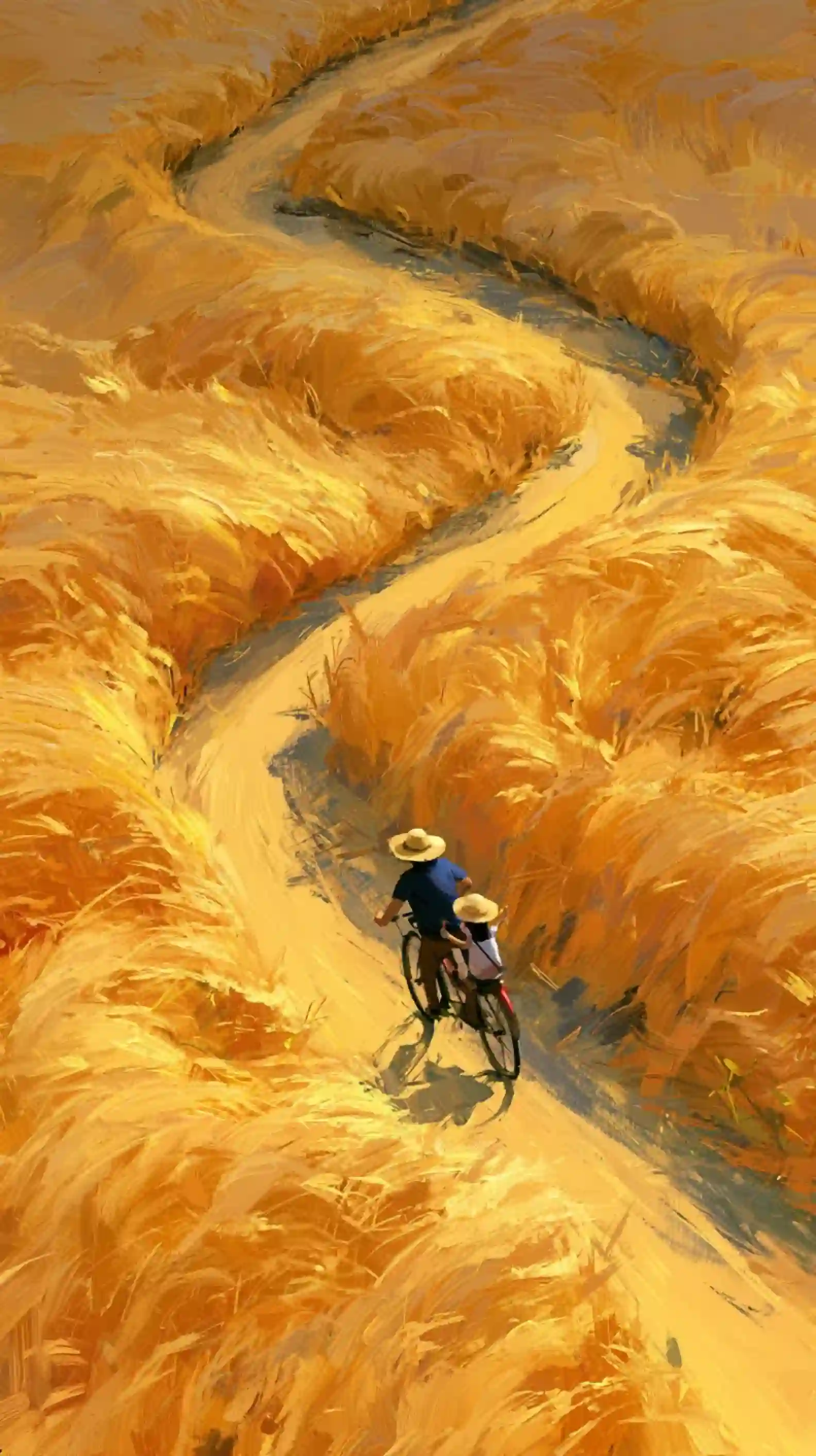 金色麦田父子骑行风景油画