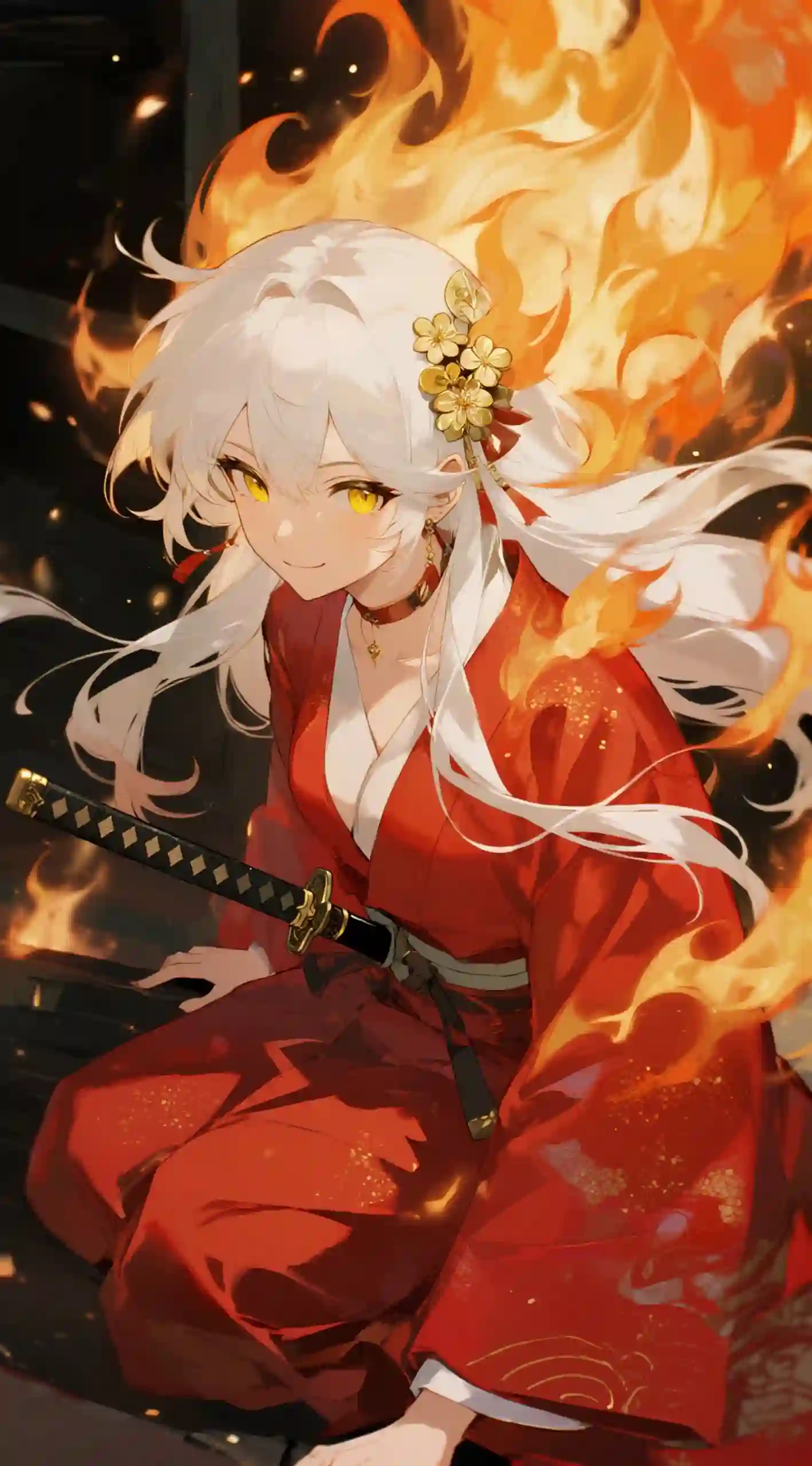 红和服银发火焰武士少女