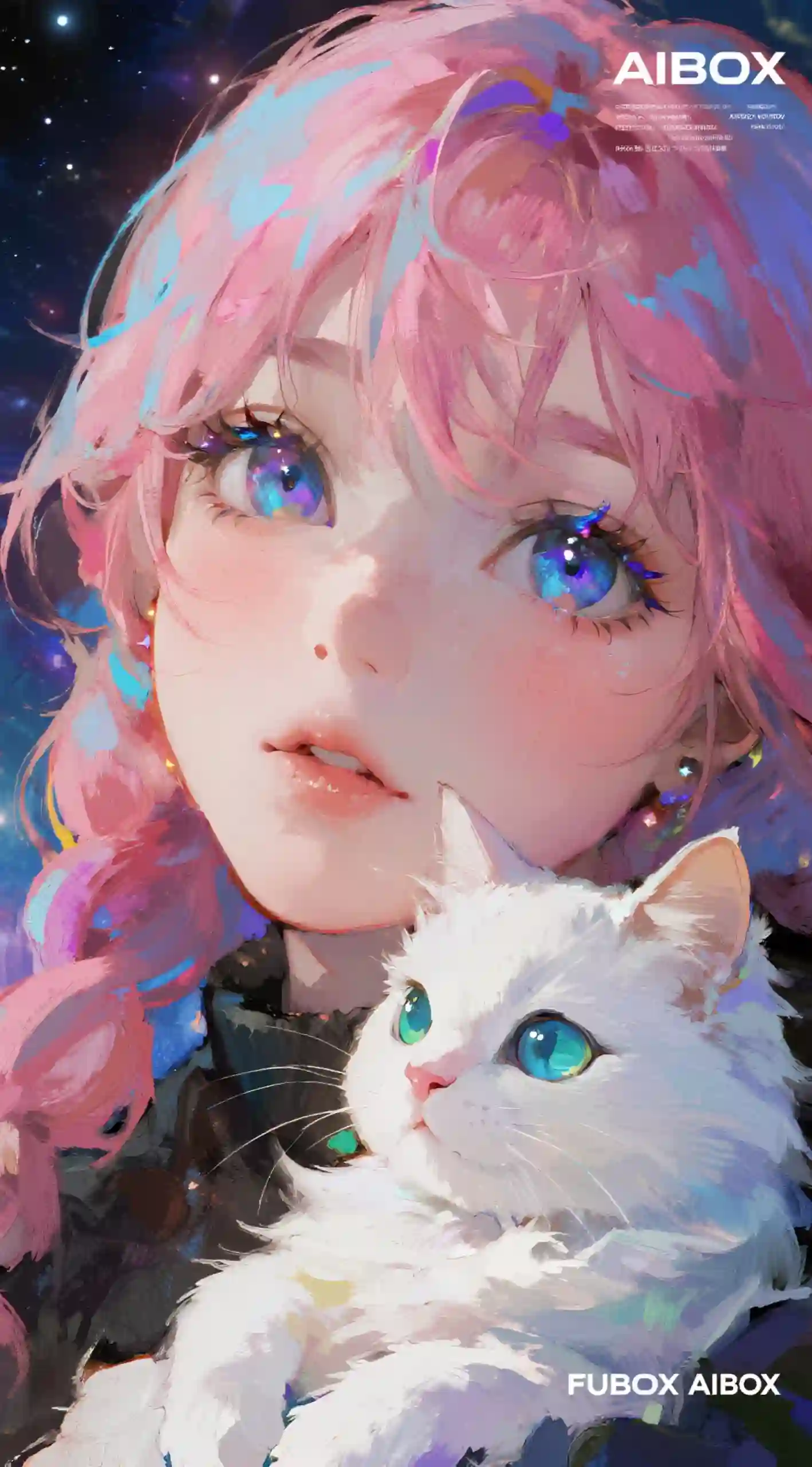 星空粉发油画少女与白猫