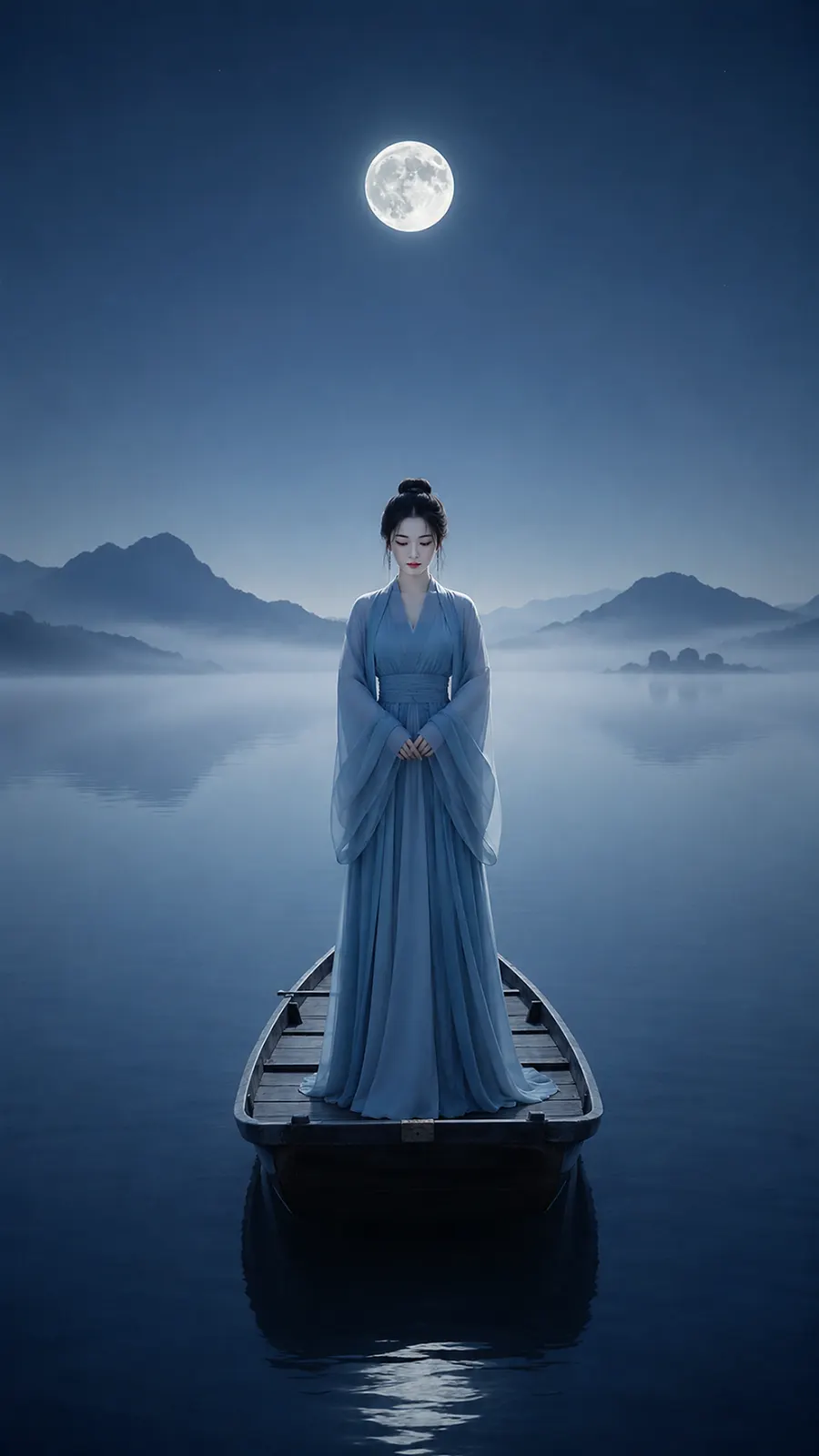 月夜湖心舟上汉服女子